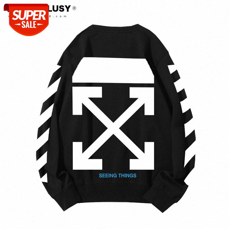 

European and American high street trend off hoodie hip-hop loose sweater white arrow bottoming shirt plus velvet thick men women #KJ8C