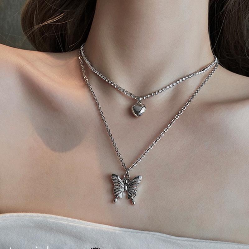 Pendant Necklaces 2021 Trend Korea Lovely Multilayered Butterfly Necklace Charm Statement Rhinestone For Women Vacation Jewelry Gift-image-707603709