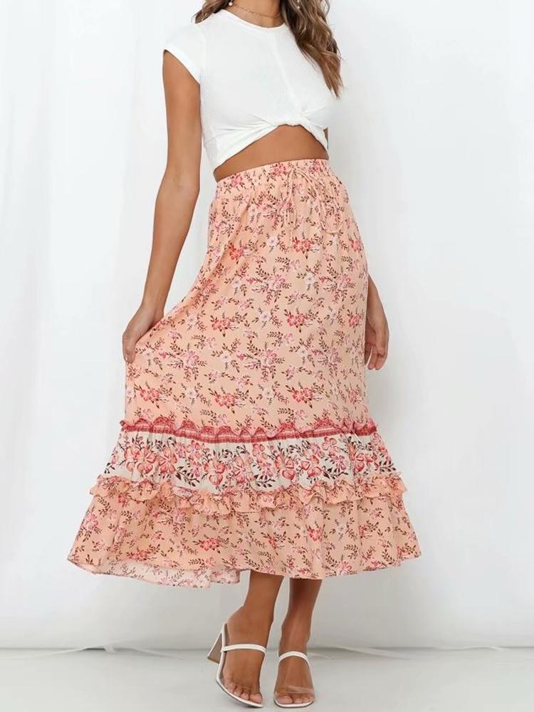 

Skirts KIYUMI Boho Long Skirt Floral Printed Midi High Waist Elastic Pleated 2021 Summer Casual Lady Clothing Rayon Beach, Rose