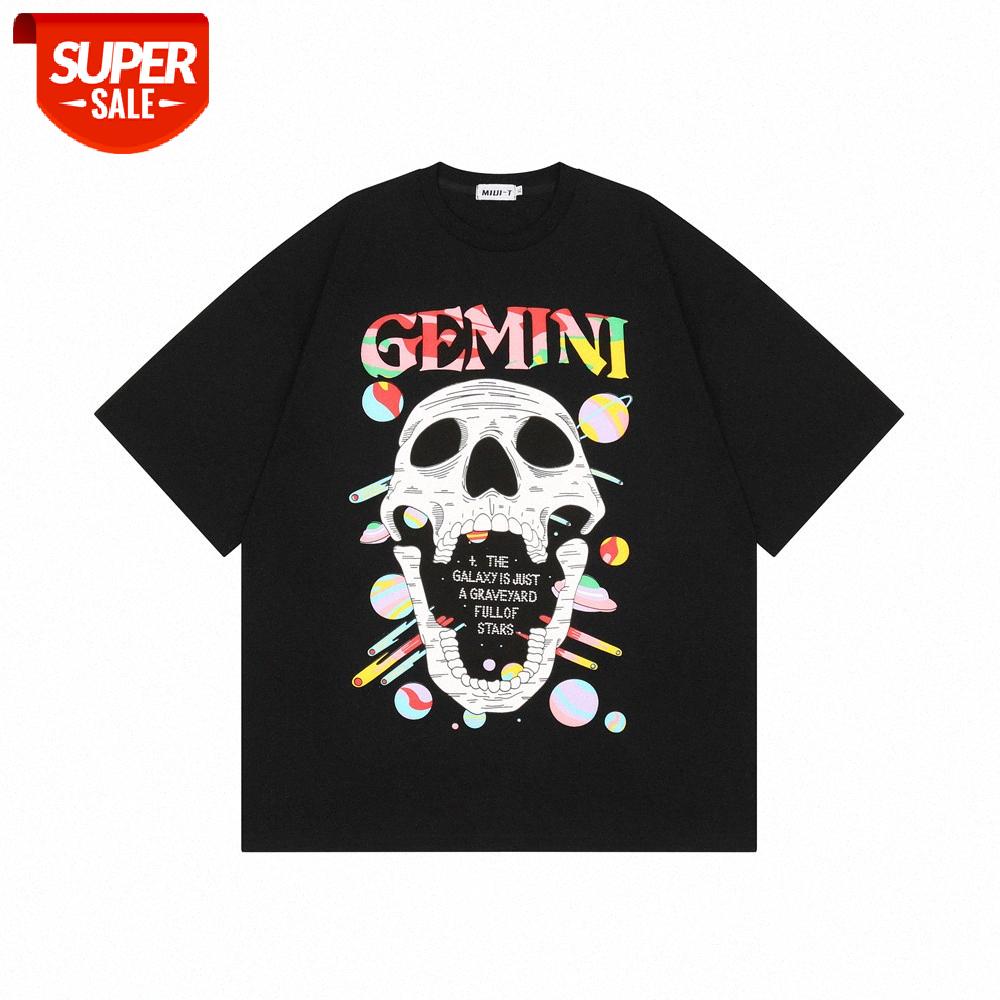 

Wind skull print short-sleeved T-shirt men's creative fun loose round neck five-point sleeve half #4F5g, White;black