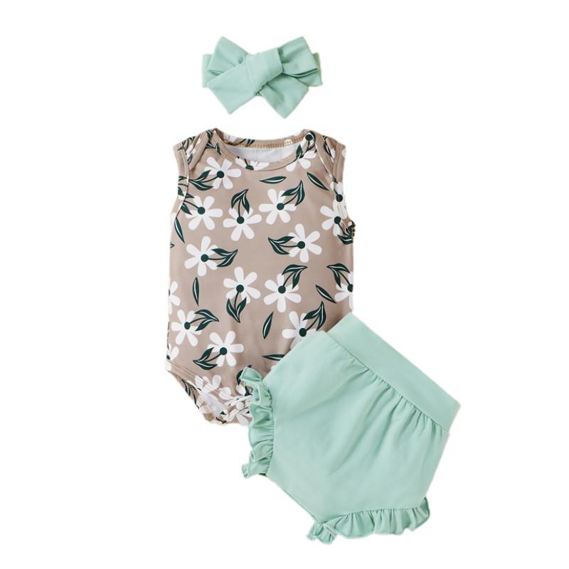 

Clothing Sets Born Baby Girls Fashion 3-piece Outfit Set Sleeveless Flower Print Bodysuits+Ruffles Shorts+Headband Summer 2022, White