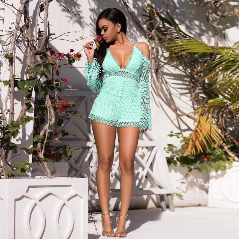 

Women' Jumpsuits & Rompers ADFVAT Sexy Lace Hollow Out See Through Party Romper Women Deep V Neck Spaghetti Strap Skinny Catsuit Sandbeach, Sky blue