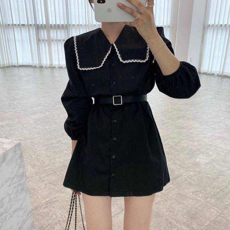 

Casual Dresses Autumn Contrast Color Lace Single Breasted Large Lapel Puff Long Sleeve Black Dress Women Mini Retro Robe Doll Fashion Sexy, Black;gray