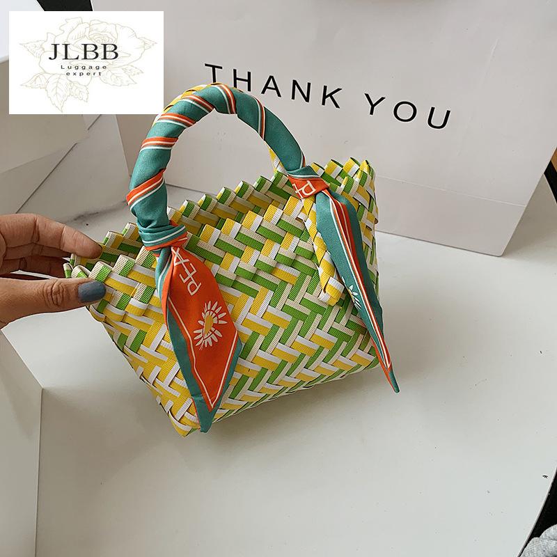 

Evening Bags Color Woven Beach Handbag For Women 2021 Silk Scarf Design Mini Bucket Bag Summer Personalized Plastic