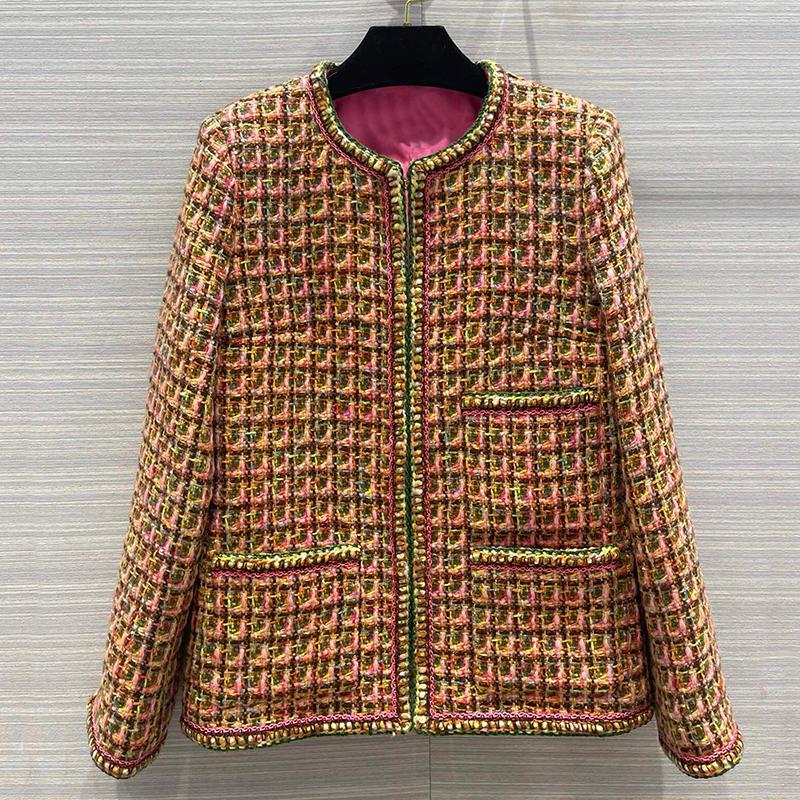 

Women's Jackets Spring Vintage Runway Position Plaid Tweed Jacket Women High Quality Handwork Braid Retro Camellia Liner O-Neck Hook Button, Black;brown