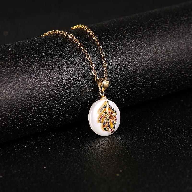 Pendant Necklaces Trendy Gold Stainless Steel Shell Colored Zircon Leaf Necklace For Women Charm Girl Jewelry-image-706636060