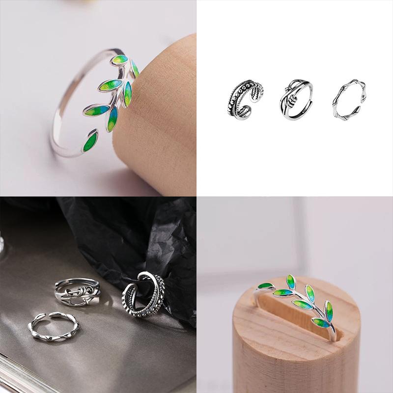 

Cluster Rings 925 Sterling Silver Pin Thai Retro Antique Exquisite Hand Jewelry, Fresh Green Bud Style Ring, Year Gift