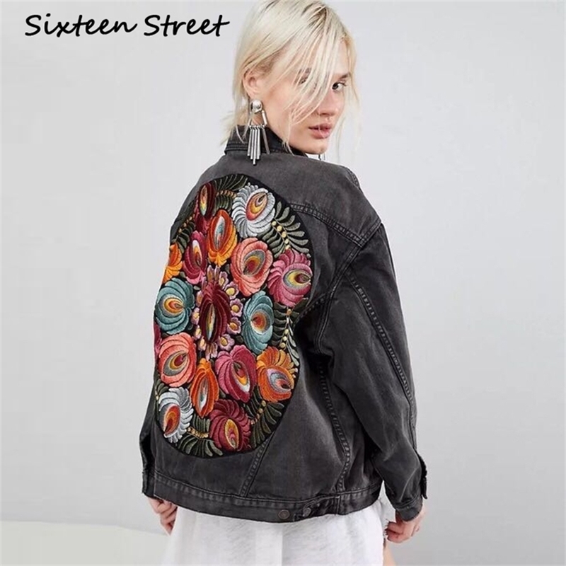 

Denim Jacket Woman Floral Embroidery Boho Black Gray Boyfriend Style Coat Vintage Female 210603