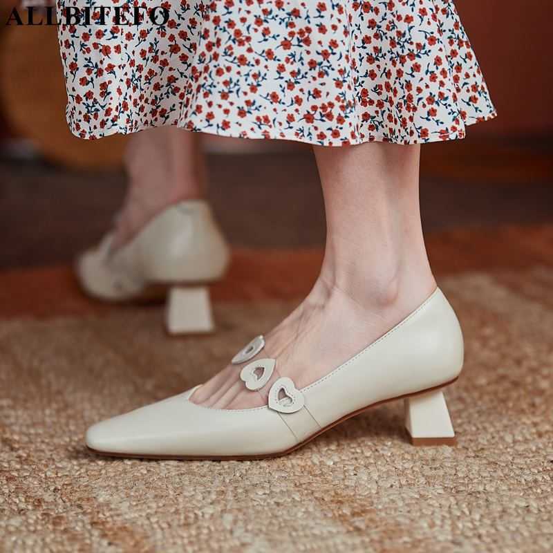 

ALLBITEFO beautiful buckle design soft genuine leather women heels shoes sexy fashion high heels women pumps party wedding shoes 210611, As picture