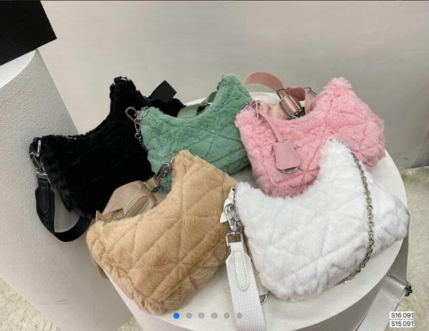 

Women 2pcs/set winter Shoulder bag fashion 2pcs/set designer Rabbit rabbit wool Crossbody handbag hobo rabbit hair wallet purse 091#, White