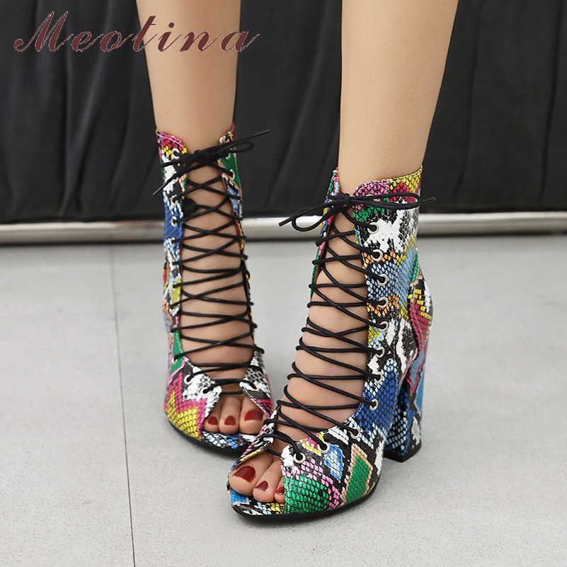 

Meotina Summer Boots Shoes Women Mixed Colors Chunky Heels Short Boots Lace Up Extreme High Heel Shoes Ladies Large Size 33-46 210608, Blue