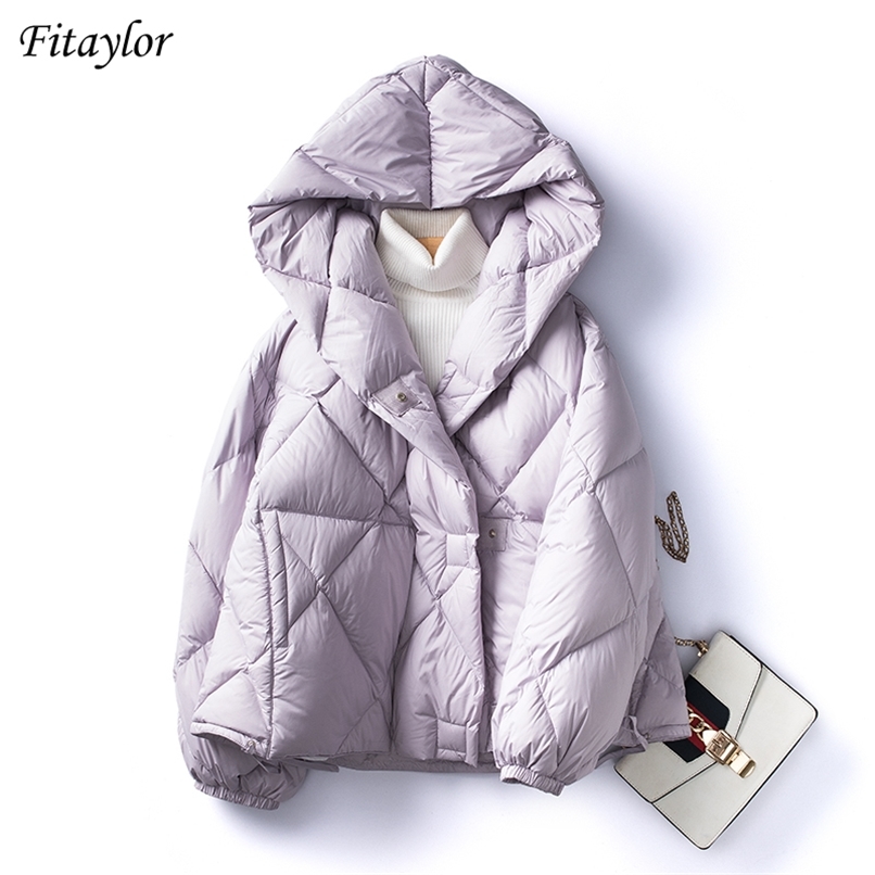 

Fitaylor Winter High Quality Hooded Short Light Feather Jacket Women 90% White Duck Down Coat Loose Snow Warm Fluffy Outwear 211108, Black