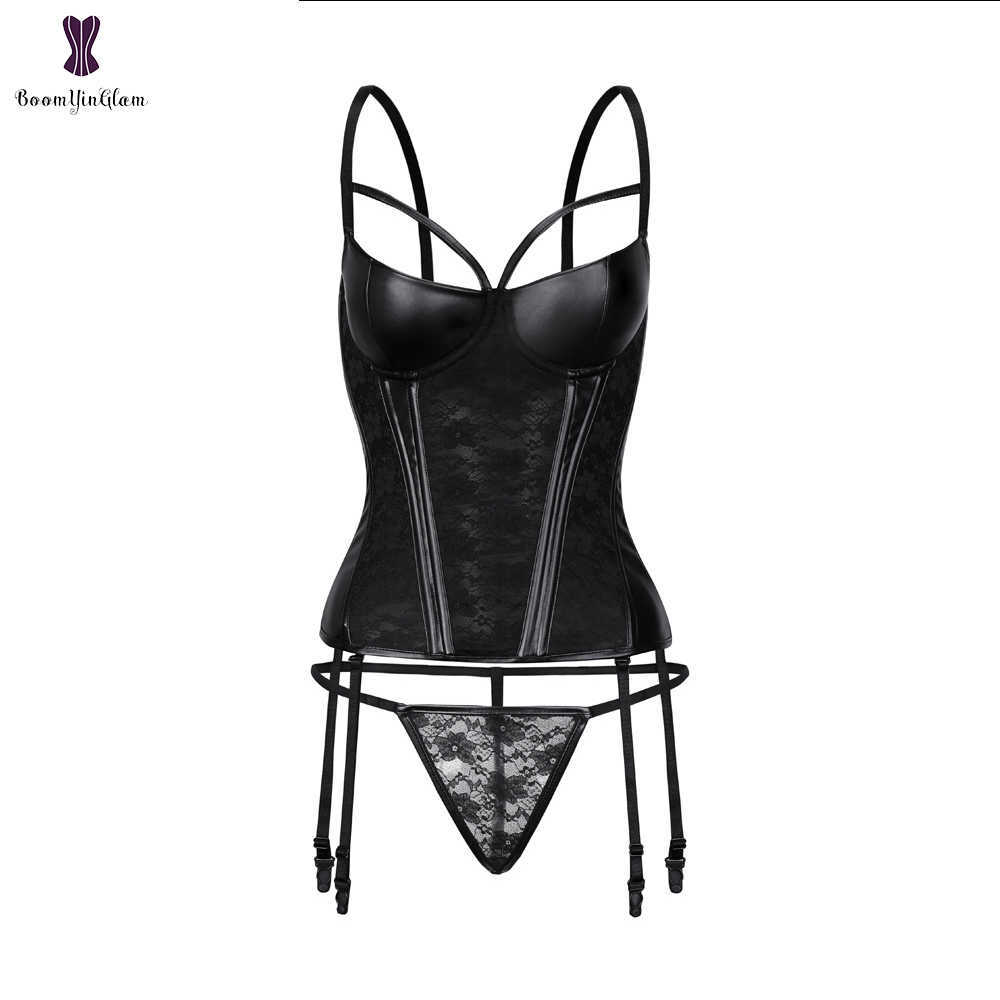 

Strap Women Faux Leather Sexy Floral Lace Boned Overbust Corset Black Waist Bustier Cincher Top Bodyshaper