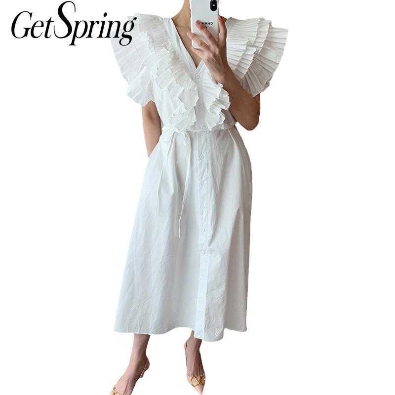 

Getspring Women Dress Flying Sleeve Ruffles V-neck Cotton White Black es Bandage Vintage Long Girls Summer 210601, Khaki