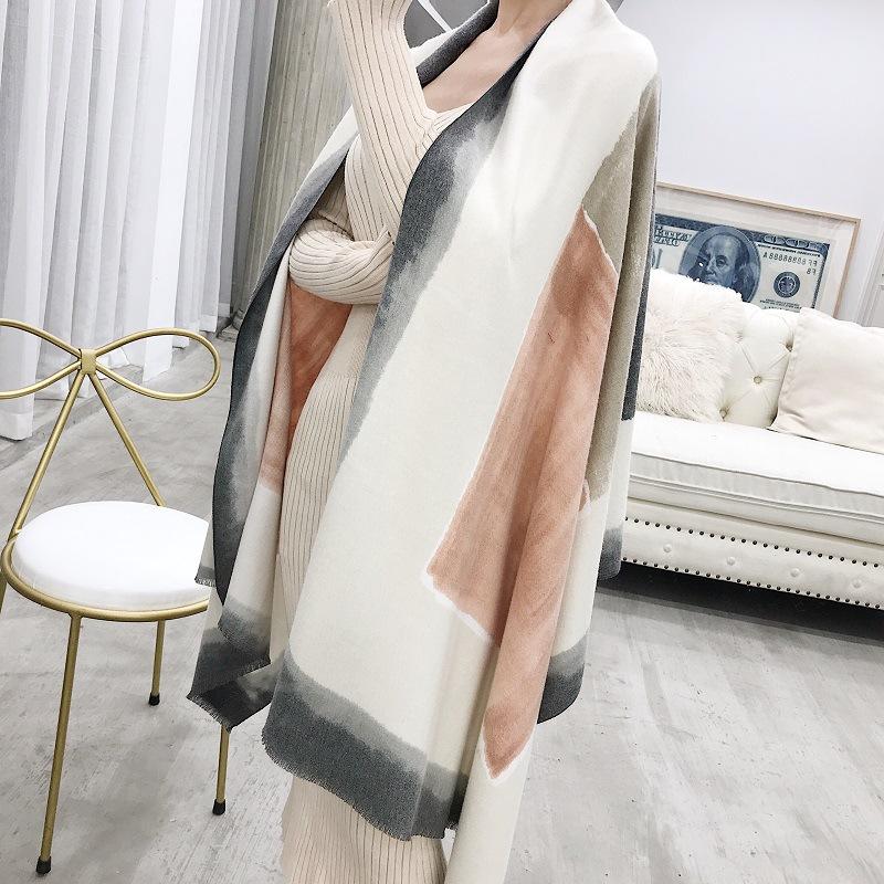 

Scarves Korean Halo-dyed And Colour-matched Knitted Cashmere-like Warm Scarf For Winter 2021,Female Fringes Around The Neck, Blue;gray