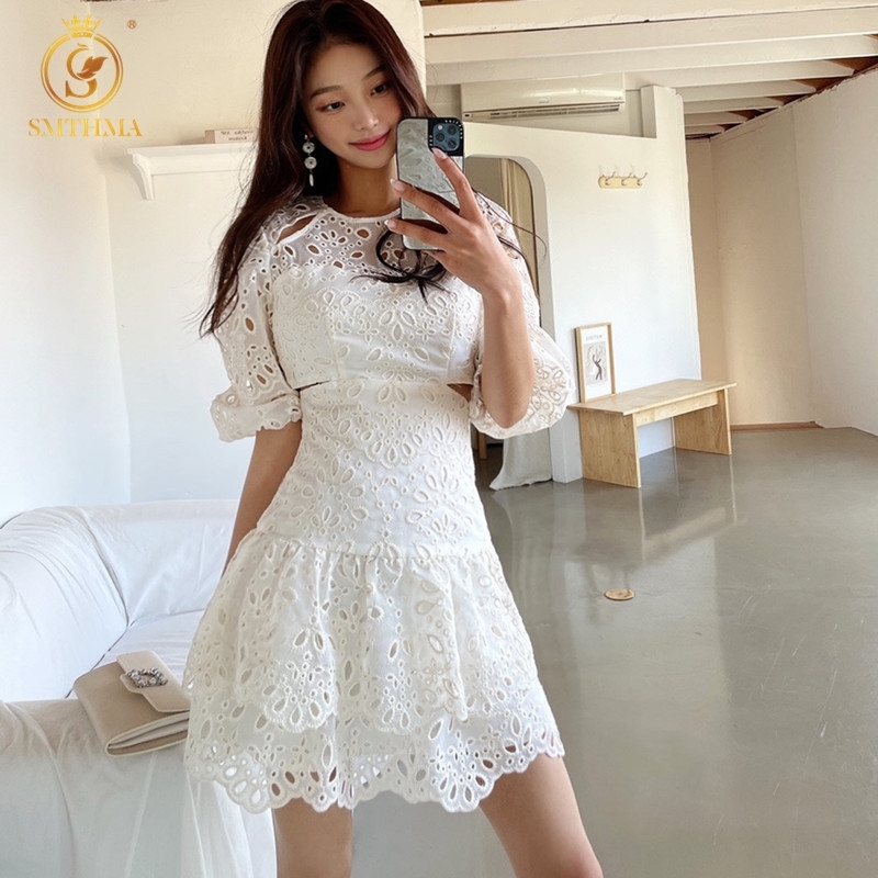 

Women Lace Hollow Out Embroidery White Dress Ladies Lantern Sleeve Sexy Waist Slim Cake Dresses Vestidos 210520, Picture color