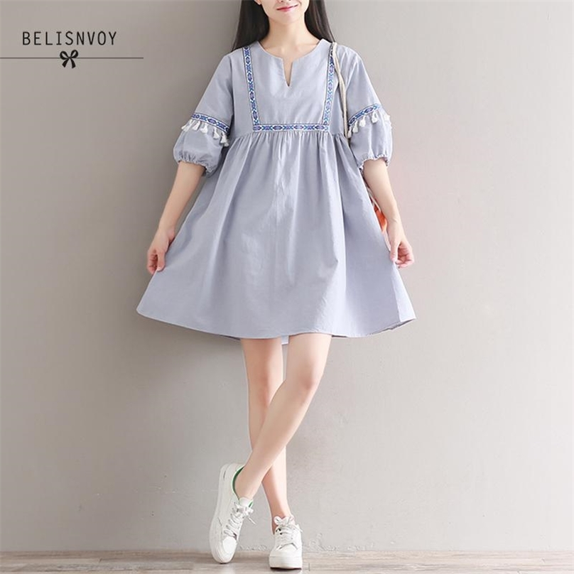 

Mori Girl Summer Women Cute Mini Dress V-Neck Casual Loose Vestidos De Festa Short Sleeve Cotton Linen Dres With Tassel 210520, Blue
