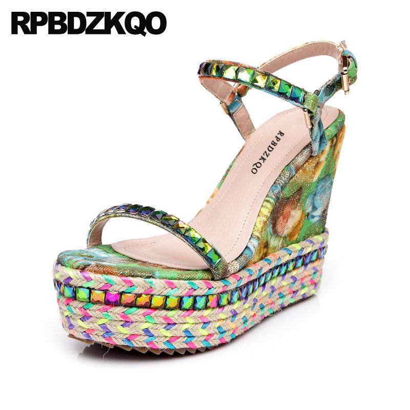 

Wedge Extreme Beach Bohemia Fetish Rope Women Floral Print Platform Sandals Espadrilles Stud Shoes Flower High Heels Pumps, Black