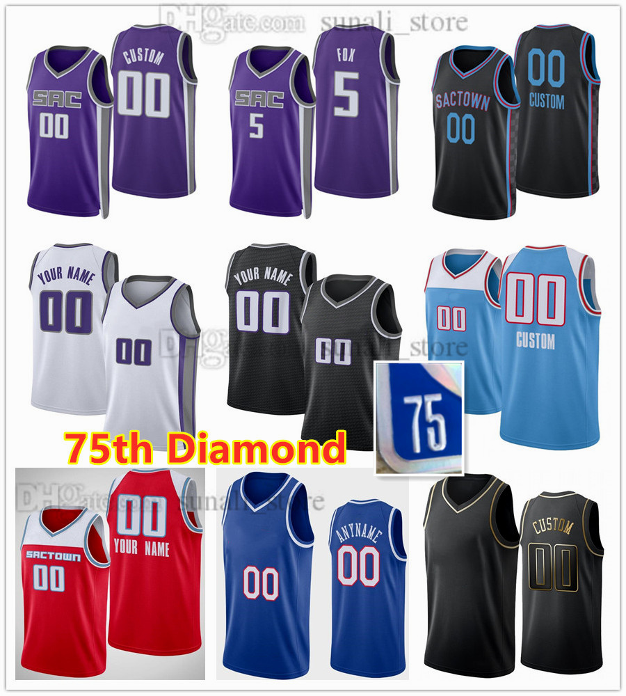 

75th Diamond Basketball Jerseys De'Aaron Fox 5 Buddy Hield 24 Harrison Barnes 40 Richaun Holmes 22 Tyrese Haliburton 0 Davion Mitchell Alex Len Maurice Harkless Print, Red