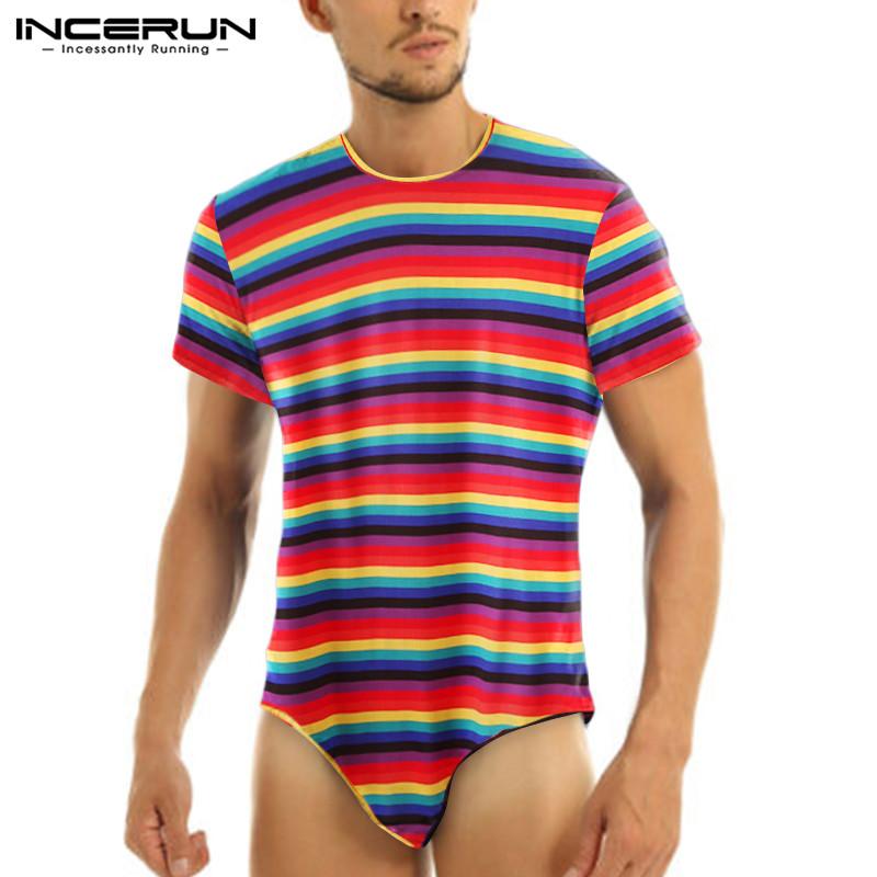 

Men' T-Shirts Men Short Sleeve Round Neck Romper Tee Tops INCERUN Fashion Colorful Striped Bodysuit Man Fitness Sexy Camisetas 5XL 7, Black