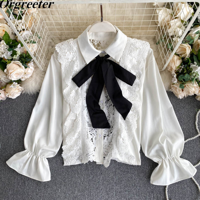 

Hollow out Lace Chiffon Patchwork Women' Shirts Blouse Bow Scarf Lapel Flare Long Sleeve Spring Fall Female Clothing Fashion 210525, White