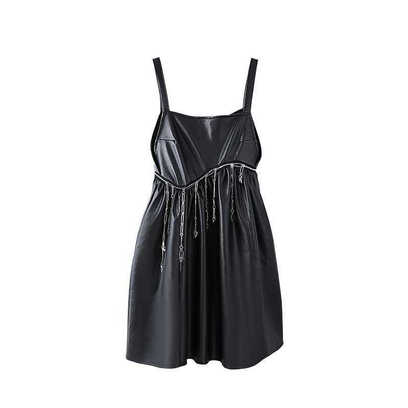 

VANOVICH Korean Summer Black PU Leather Dress Women High Waist Chain Sling 210615