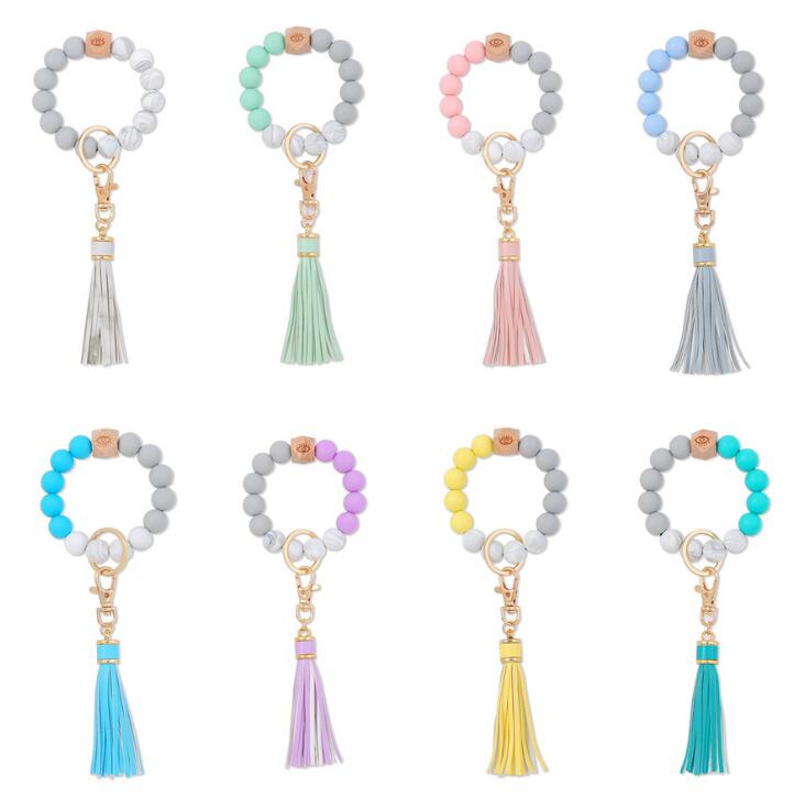 

8 Colors Silicone Bead Bracelet Keychain Female Bracelets Key Ring Tassel Wooden Beads Food Grade Girl Keyring Wrist Strap, Silver