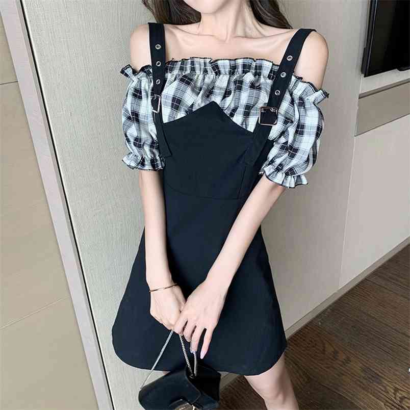 

Summer Elegant Women Puff Short sleeve Dress Female Fake Two-Piece Casual Slim Party Vestidos 210519, Black