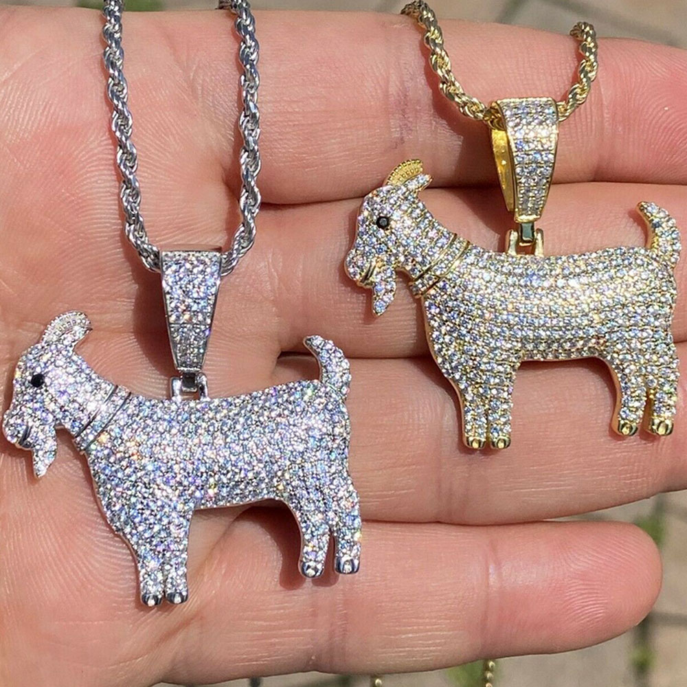 

14K Real Solid Copper GOAT Pendant Bling Cubic Zirconia Necklace with 3mm 24inch Rope Iced ICY Gold Silver HipHop Mens