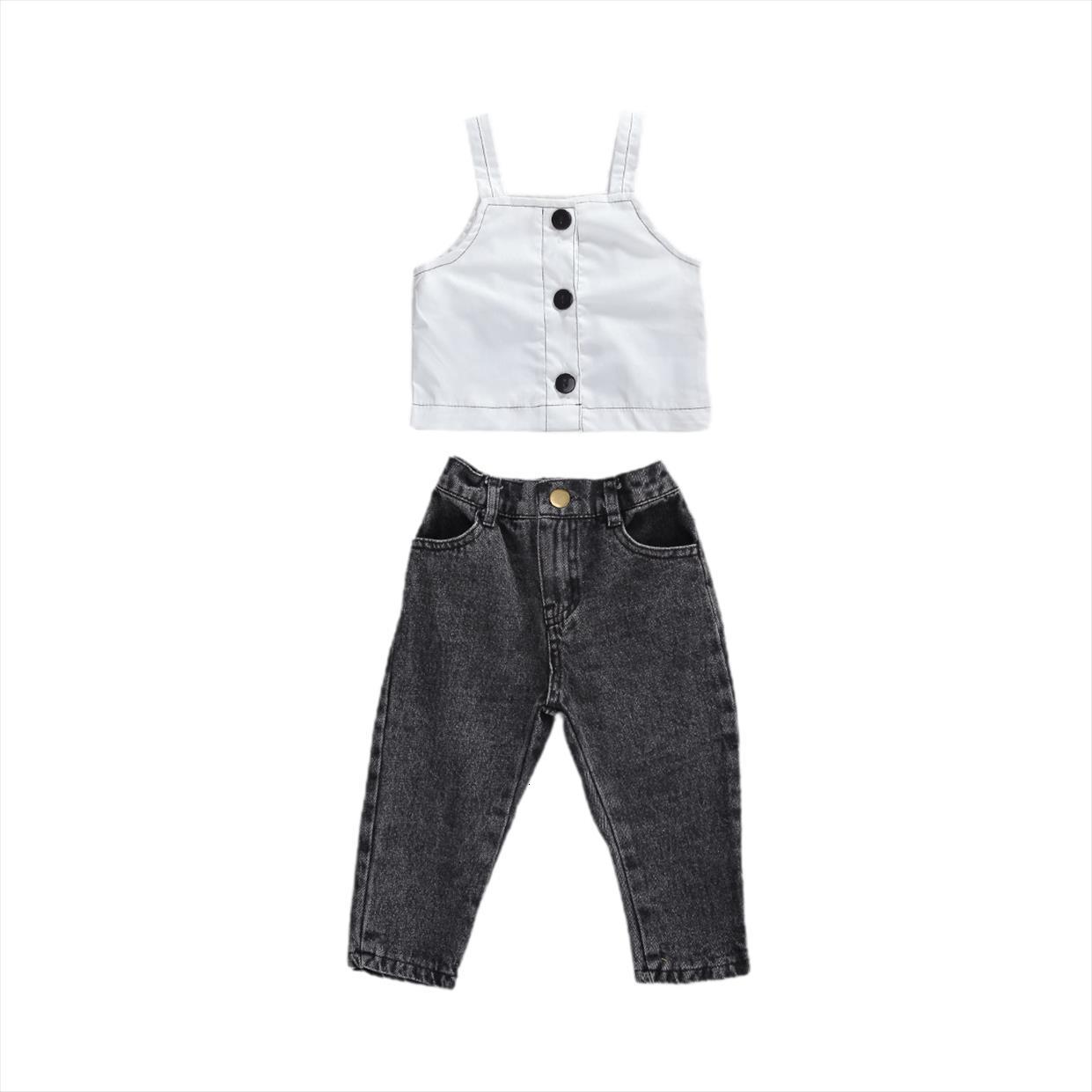 

toddler baby girls sleeveless sling button vest denim trousers with pockets 2pcs outfit clothes set, White