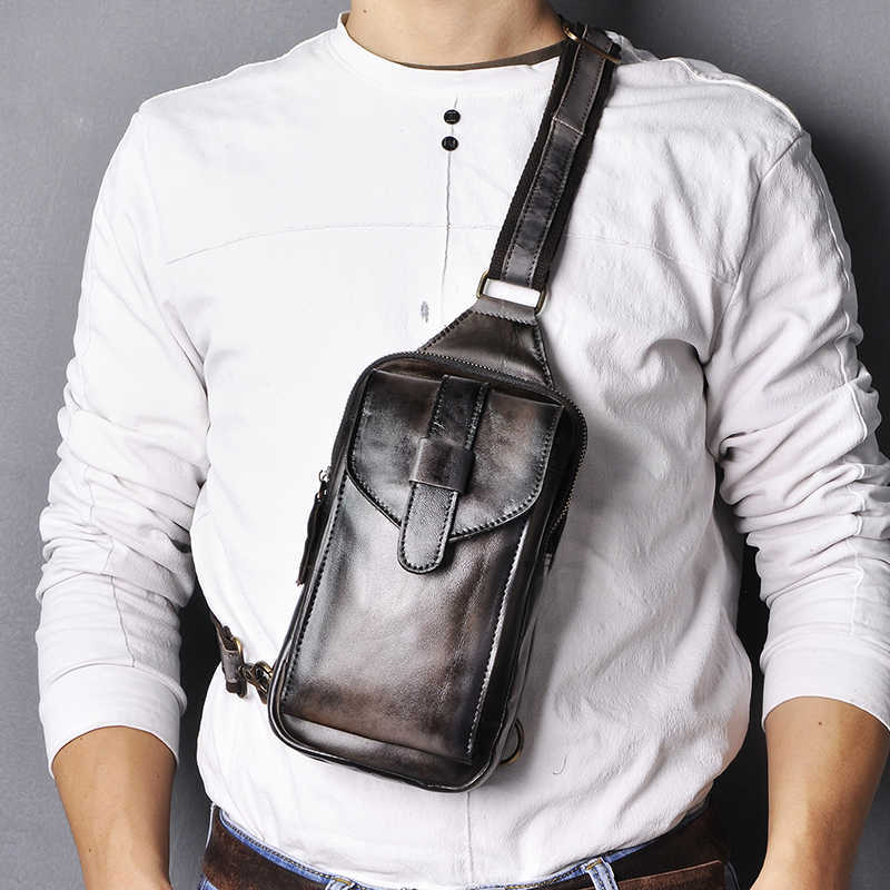 

Top Quality Men Original Leather vintage Design Fanny Wasit Chest Pack Bag Sling Crossbody Bag Daypack XB571db 210305, Dark grey