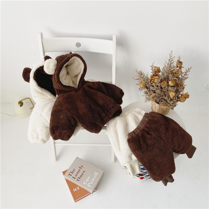 

Clothing Sets Winter Plush Baby Clothes Set Boys And Girls Soft Cotton Hooded Sweatshirt + Big Pp Pants 2pcs Suit Thicken Warm, Brown