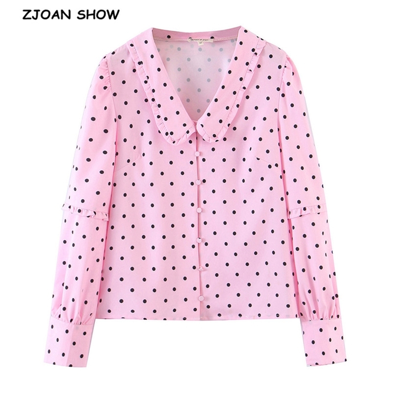 

Spring Wood ear Lapel Collar Polka Dot Print Pink Long Sleeve Shirt Sweet Women Center Buttons Blouse Loose Tops 210429