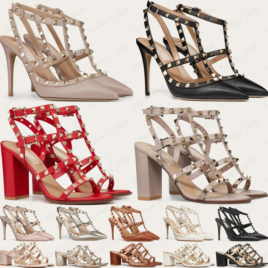 

2021 hot Designer women high heels party fashion rivets girls sexy pointed shoes Dance shoes wedding shoes Double straps sandals, Box