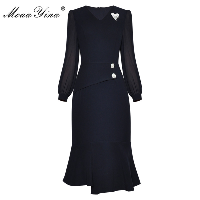 

Fashion Designer dress Spring Women Dress V-neck Long sleeve Package hip Asymmetrical Ruffles Dresses 210524, Coral red