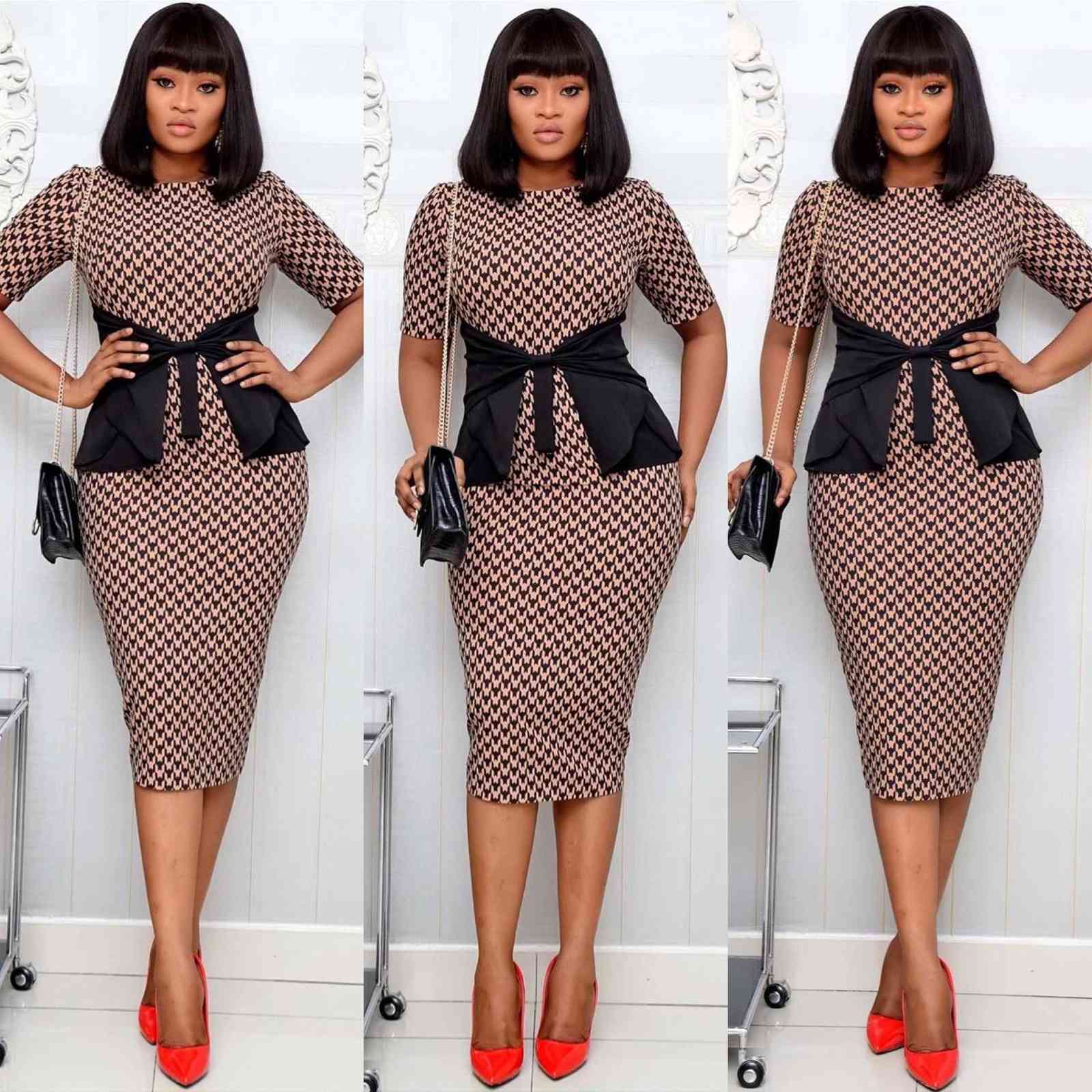 

European and American style printed large size dress Sheath Office Lady Polyester Print Zippers 210603, Brown