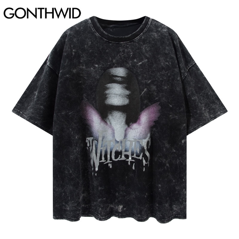 

Tshirts Harajuku Vintage Distressed Creative Print Tees Shirts Streetwear Hip Hop Punk Rock Gothic Casual Loose Tops 210602, Black