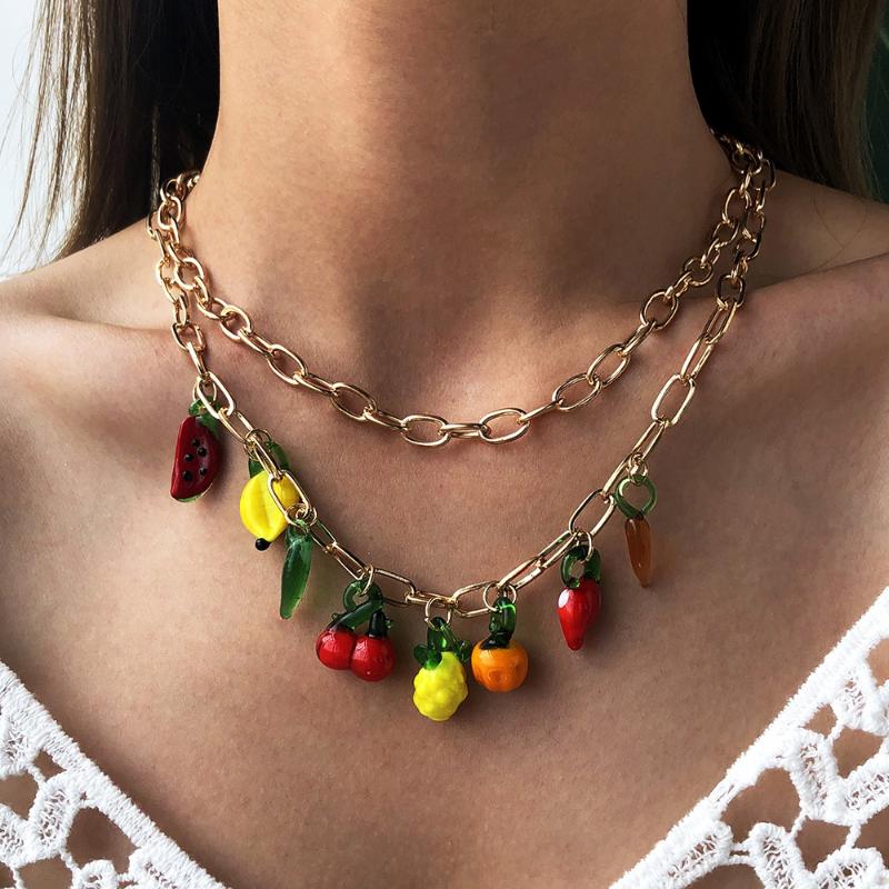 

Bohemian Fruit Vigetable Pedant Necklace For Women Gold Color Chains Cute Lemon Cherry Tassel Choker Jewelry Charm