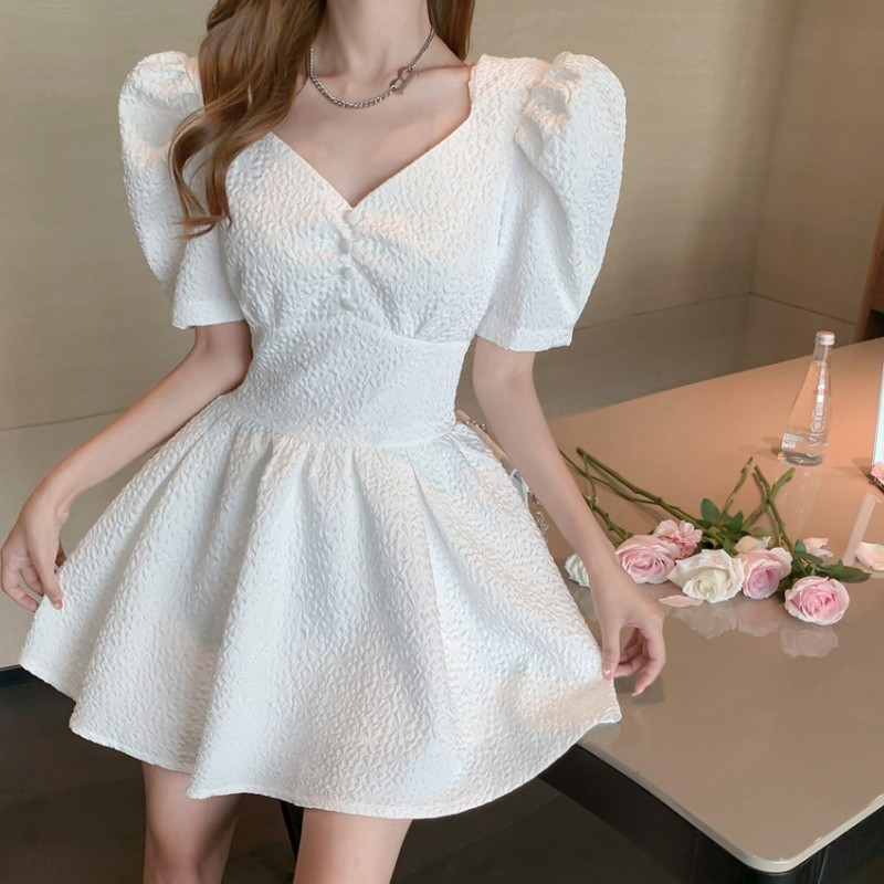 

Summer Sweet White Vintage Dress Korea Women Elegant Puff Sleeve Slim Waist Party Mini Dress Female 210518, Black
