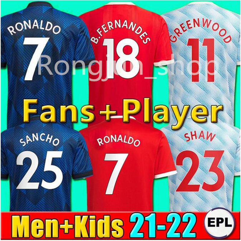 

RONALDO 21 22 SANCHO Manchester soccer jersey UNITED Fans Player version MAN BRUNO FERNANDES VARANE SHAW POGBA RASHFORD football shirt UTD 2021 2022 men + kids kit sets, As picture