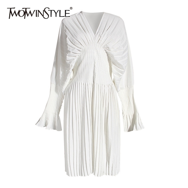 

Elegant Pleated Summer Dress Women V Neck Flare Long Sleeve High Waist Midi Dresses Female Fashion Clothes 210520, Purple