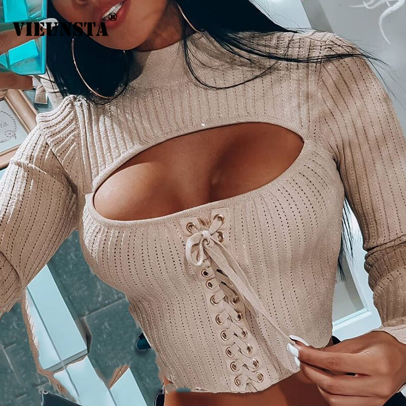 

Sexy Off Shoulder Cut Off Patchwork Spring Shirts 2021 Women Hollow Out O Neck Elegant Blouse Autumn Long Sleeve Rib Tops Blusas, 03 khaki