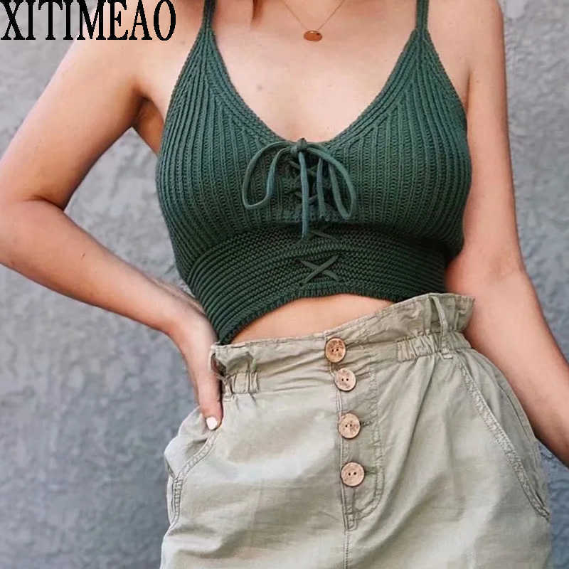 

Za Women Fashion Solid Color Chest Bandage Knitted Blouses Vintage Backless Thin Straps Female Shirts Chic Tops 210602, Army green