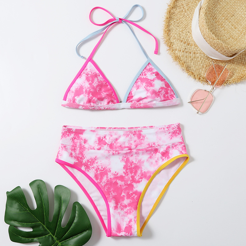 Thin Conservative Show Female Bikini Split Body Halo Dye Pink Hanging Neck Lace Beach Swimsuit-image-678494740