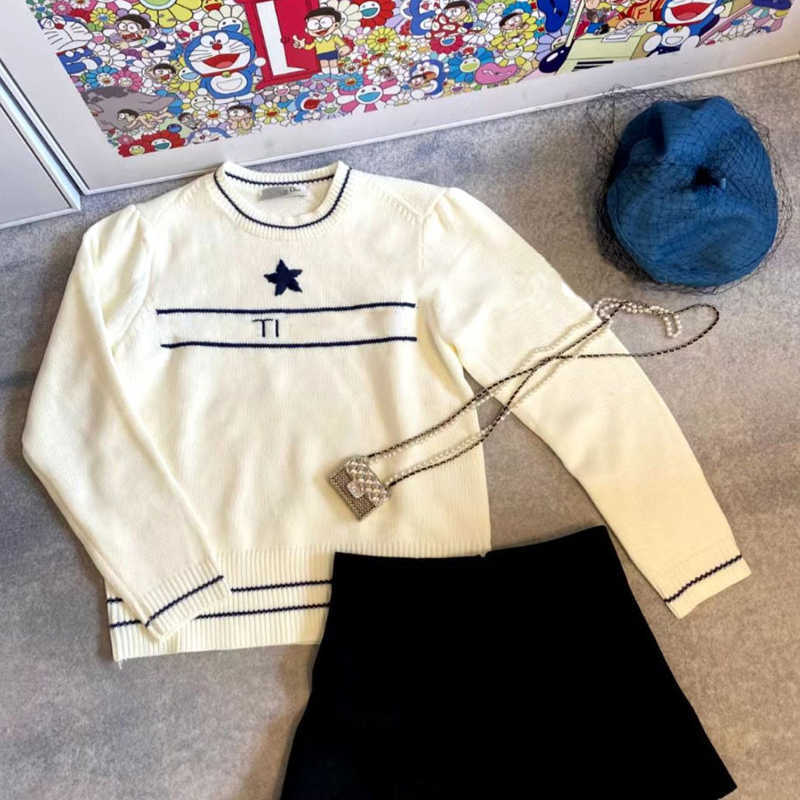 

womens t shirt classic letter paris style jacquard tee versatile crew neck Short sleeve sweater, Long sleeve-white