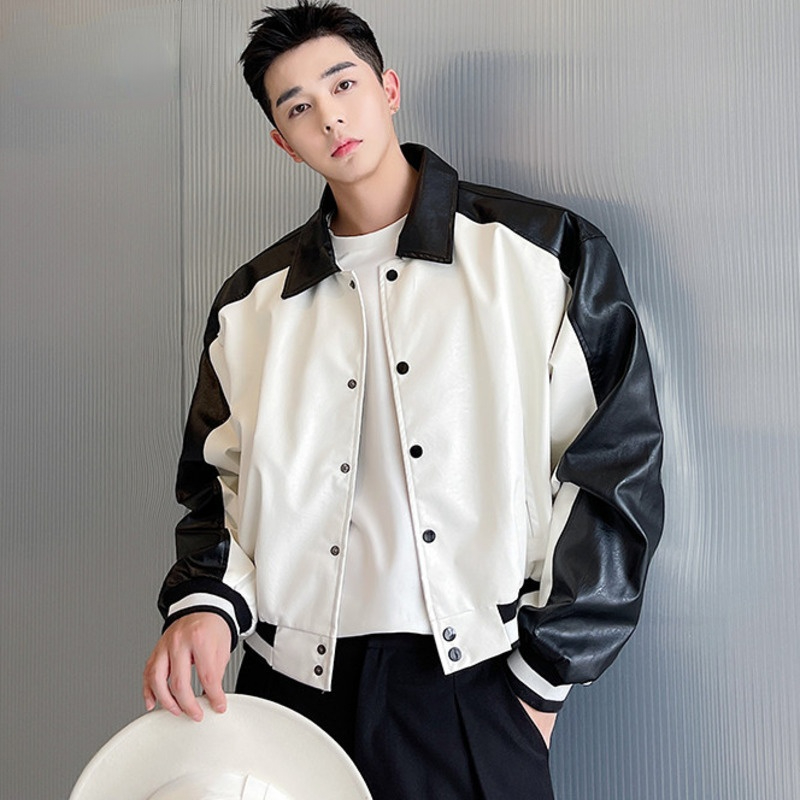 

Men Color Block Patchwork Casual Sweatwear PU Leather Jacket 2021 New Design Loose Motorcycle Lapel Short Coat Autumn Tide, Black
