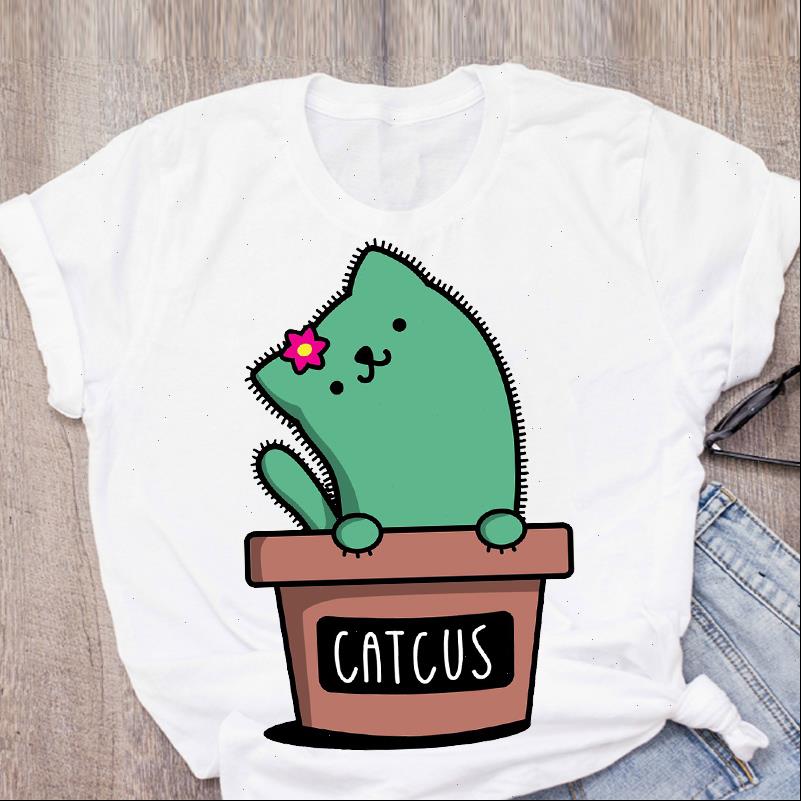 

womens t shirt women cactus fashion cat cute plant short sleeve summer lady clothing tees female, White
