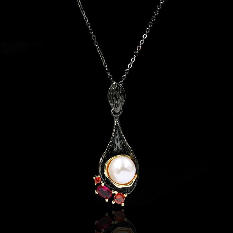 Pendant Necklaces Ajojewel Vintage Black-gold Women Necklace Luxury Red Zirconia Water Drop Turkish Style Jewelry-image-707603788