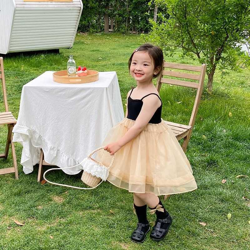

Girls Korean style Loose Patchwork Mesh Princess Dresses Summer kids suspenders party dress 210615, Champagne