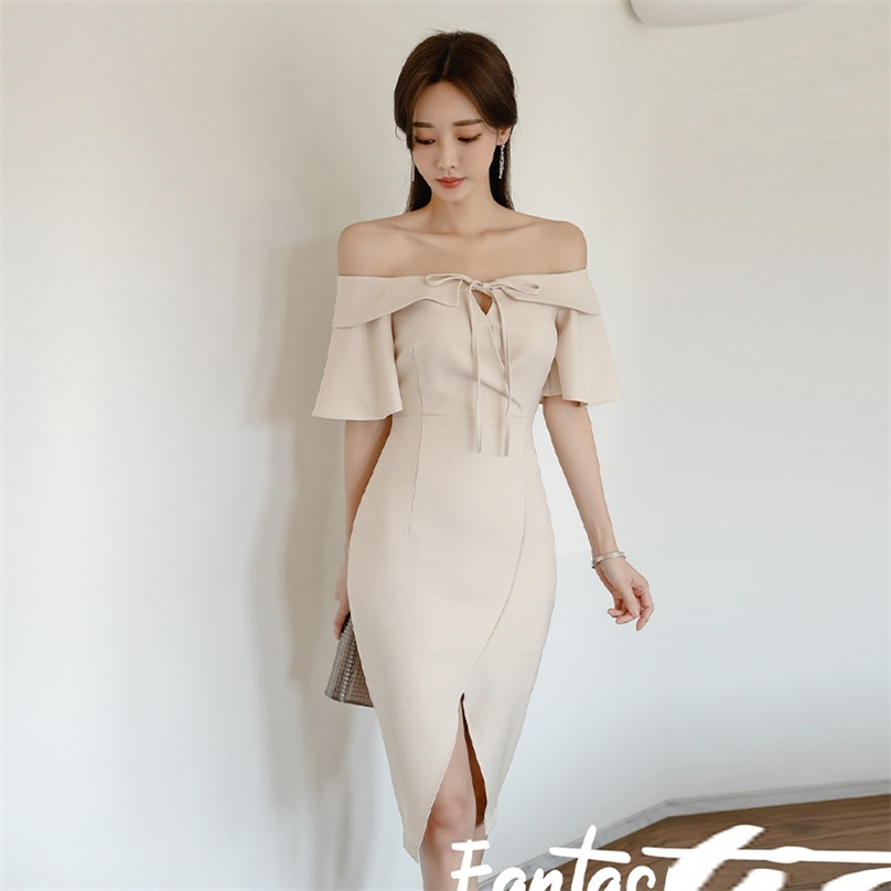 

Off Shoulder Dress for women Summer ruffle Sleeve strapless Sexy Ladies Office pencil Club Bodycon Dresses 210602, Khaki